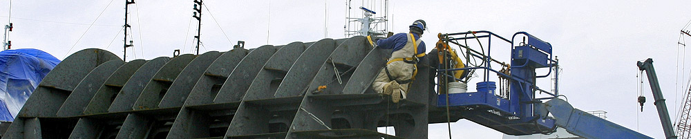 Workers at Dakota Creek Shipyard in Anacortes Washington, weld the bow structure for Otto Candies new ship, May 2008 picture by Martin Leduc