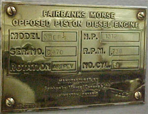 Fairbanks Morse 38 D 8 1/8, 1312 hp opposed piston engine name plate